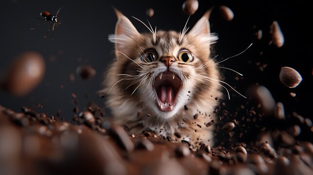 Cute kitten with wide eyes and open mouth surrounded by coffee beans and an insect