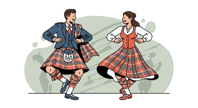 Scottish Couple Dancing in Traditional Kilts and Outfits