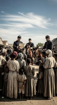 Union soldiers on horseback read emancipation proclamation to newly freed slaves in a southern town during the American Civil War era