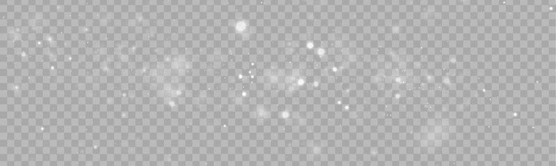 Naklejka premium White snowflake, winter wind, snowfall light bokeh with magical festive sparks stardust glare lens flare. Sparkle glitter dust glow particle shimmer twinkle highlights flare. PNG vector illustration.