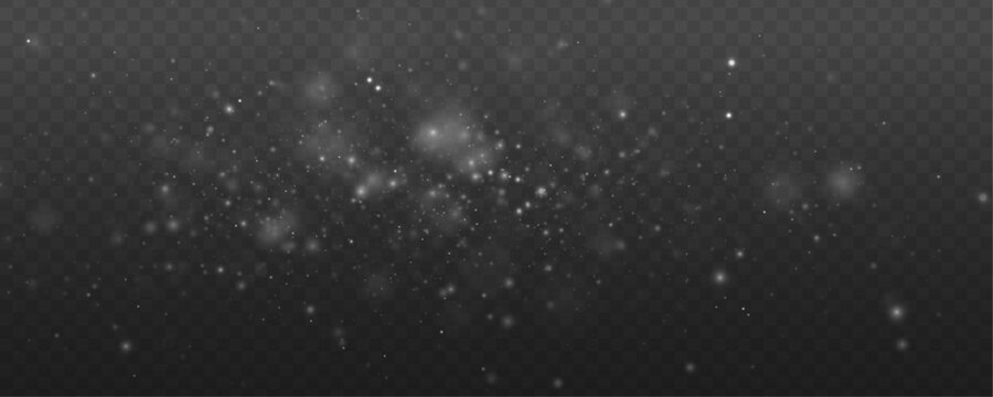 White snowflake, winter wind, snowfall  light bokeh with magical festive sparks stardust glare lens flare. Sparkle glitter dust glow particle shimmer twinkle highlights flare. PNG vector illustration.