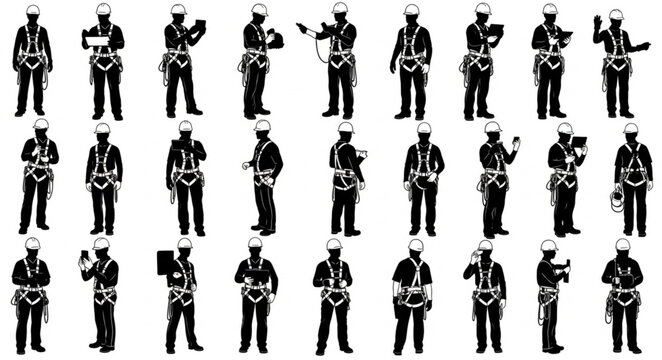Collection of Silhouettes of Construction Workers in Safety Harnesses.