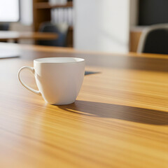 Fototapeta premium A pristine white ceramic mug stands bathed in bright morning sunlight, casting a long, distinct shadow across a polished wooden office desk, symbolizing a tranquil moment of pause or focused work