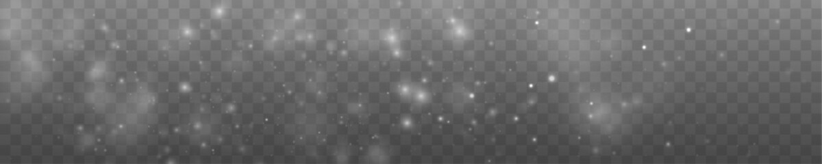 Fototapeta premium Falling snowflake, winter wind, white snowfall in light bokeh. Sparkle glitter dust glow particle shimmer twinkle highlights flare stardust. Magical festive sparks glare lens flare. PNG vector.