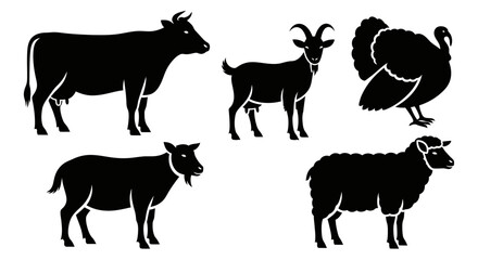 Obraz premium Farm Animals Silhouettes Collection: Cow, Goat, Sheep, and Turkey Vector Icons