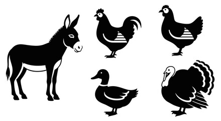 Fototapeta premium Farm Animals Silhouettes Collection: Donkey, Rooster, Hen, Duck, and Turkey Vector Icons