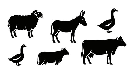 Fototapeta premium Farm Animals Silhouettes Collection: Sheep, Donkey, Geese, and Cows Icons on White Background
