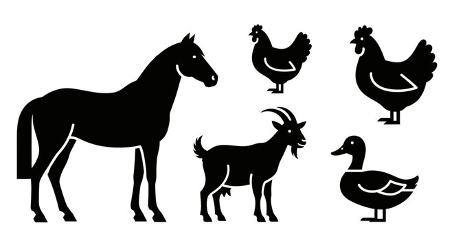 Farm Animals Silhouettes Collection: Horse, Chicken, Goat, and Duck Vector Icons