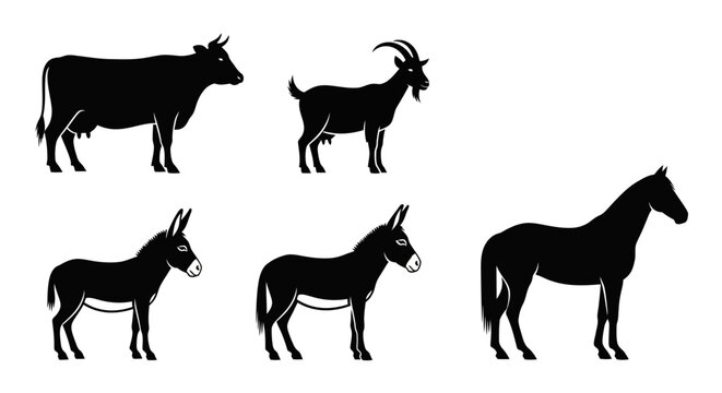 Farm Animals Silhouettes Set: Cow, Goat, Donkeys, and Horse on White Background
