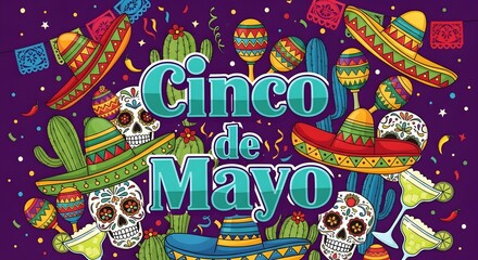 Naklejka premium vibrant cinco de mayo celebration with mexican skulls and sombreros illustration