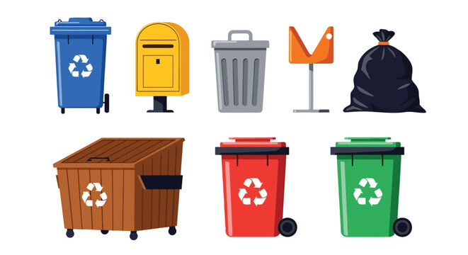 Colorful assortment of waste and recycling bins for proper disposal management