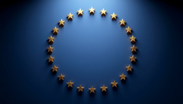 Europe Day celebration with a circle of golden stars on a deep blue background, symbolizing unity and collaboration