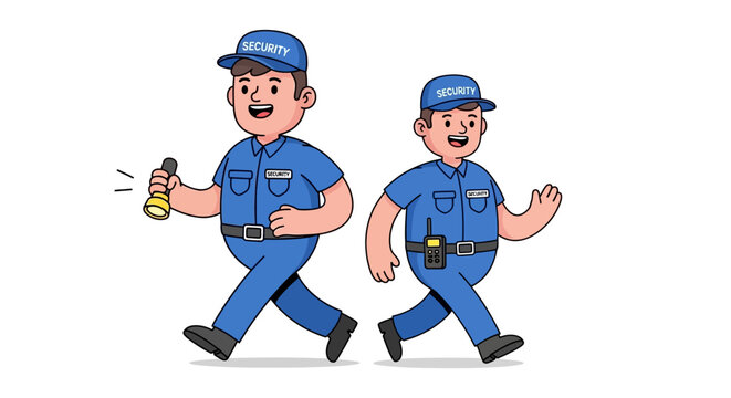 Two cartoon security guards patrolling with a flashlight and radio