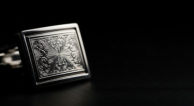 Elegant vintage silver cufflink with intricate floral engraving on a dark background, a sophisticated accessory for formal wear