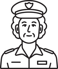 Obraz premium Hand Drawn Elderly Female Police Officer Black and White Illustration in Minimal Line Art Style Design