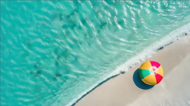 Colorful beach umbrella on sandy beach by blue water, with drinks in background.