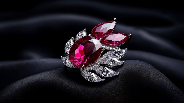 Exquisite ruby and diamond flower-shaped ring on black silk background