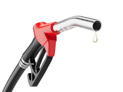 Fuel nozzle, gas pump nozzle with last drop of fuel isolated. The concept of a fuel energy crisis