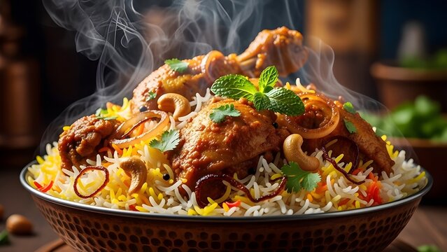 Chicken biryani Spicy Indian Hyderabadi biryani : Generative AI, chicken biryani spicy food, top view, chicken biryani, spicy food photography, with flying food effect