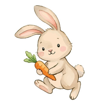 Cute happy bunny holding a carrot in a fun cartoon spring illustration