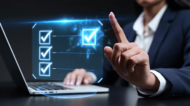 Business professional in a suit interacting with a glowing digital checklist icon while working on a laptop at a modern office desk