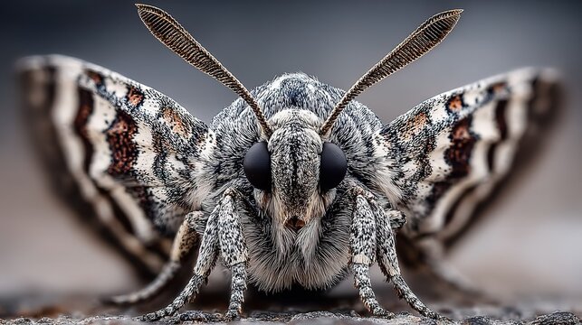 Extreme Macro Front View of Moth with Feathered Antennae, Intricate Patterned Wings and Textured Scales, Wildlife Closeup for Educational Content and Nature Documentation