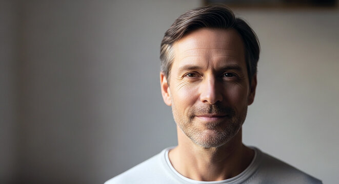 A serious yet confident young man with a handsome face and stylish hair posing for a close-up studio portrait