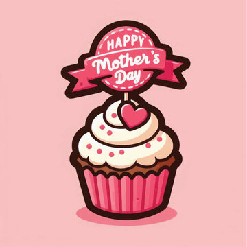 Happy Mother's Day Cupcake Vector Illustration. Cute Dessert Graphic with Pink Frosting, Heart Topper, and Greeting Banner for Holiday Celebrations.