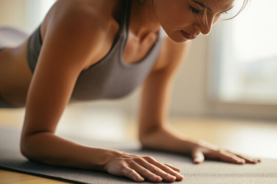 Close-up of athletic woman holding plank exercise on yoga mat, visible arm and shoulder tension, soft daylight, minimal background blur