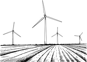 Hand drawn of wind turbines in a field with a white background energy power © Sakil