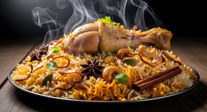 Chicken biryani Spicy Indian Hyderabadi biryani : Generative AI, chicken biryani spicy food, top view, chicken biryani, spicy food photography, with flying food effect