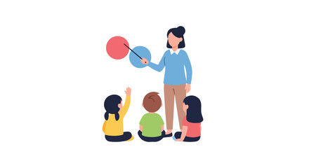 A female teacher stands before three young students, pointing at colorful circles to illustrate a lesson while one child raises her hand. © Ahmad
