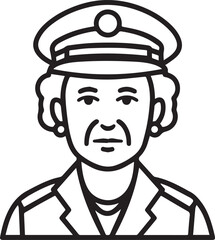 Fototapeta premium Hand Drawn Elderly Female Police Officer Black and White Illustration in Minimal Line Art Style Design