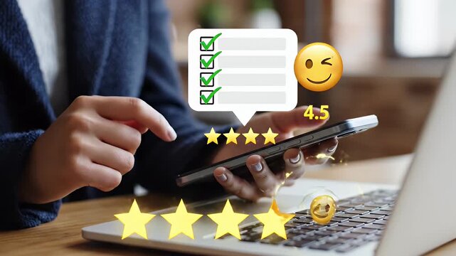 Person Providing Online Review on Smartphone Displayed with Star Ratings and Checklist Icon Near Laptop in Office Setting