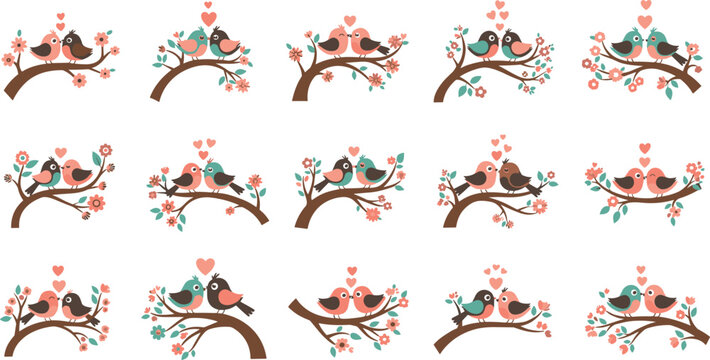 Flat vector illustration set of cute love birds perched on blooming tree branches with hearts for valentines day and romantic spring wedding greeting card concepts