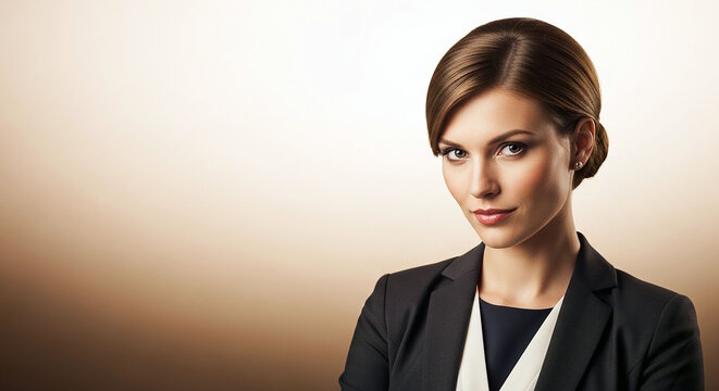 Poised Professional: A confident businesswoman exudes a sense of authority, her gaze direct, reflecting a commanding presence. Dressed in elegant attire, she embodies sophistication and intelligence.