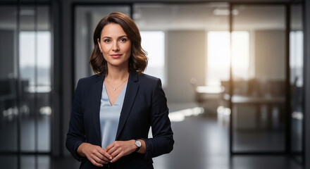 Fototapeta premium Confident Executive: A poised businesswoman in a tailored suit stands in a modern office, exuding confidence and professionalism, her gaze direct, reflecting leadership and ambition.