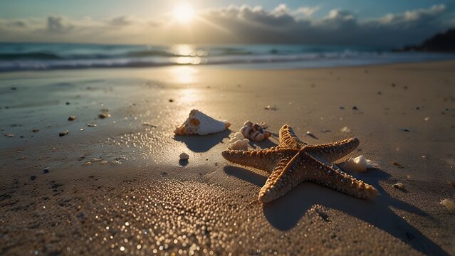 Beautiful starfish and seashells on a wide sandy beach during a cinematic golden hour sunrise over the ocean