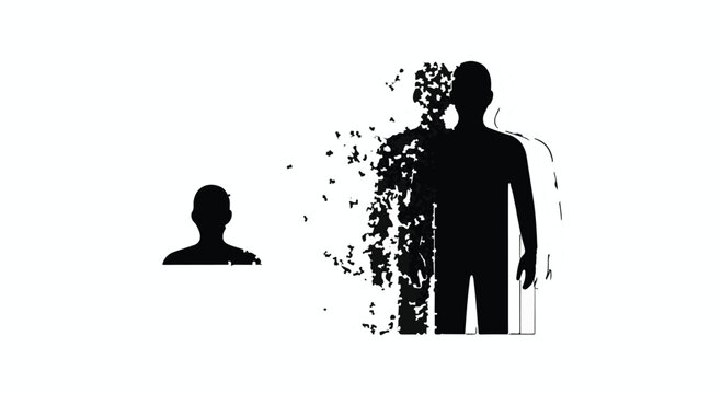 disintegrating man silhouette with particles flying away