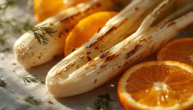 Grilled endive with orange slices and herbs on a white surface