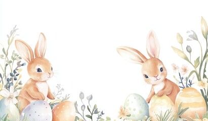 Fototapeta premium Painting of Cute Bunnies with Painted Eggs in Field of Flowers for Happy Easter Day Banner.