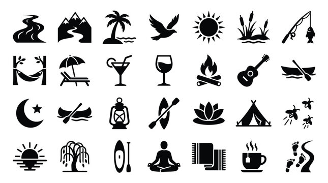 Collection of Icons Representing Outdoor Activities Nature Relaxation and Travel Adventures