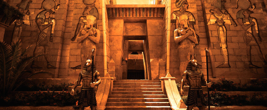 Egypt Wide view of a grand sandstone temple entrance featuring guardian pharaoh statues and ritual braziers.