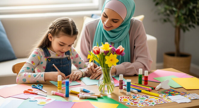 Muslim Mother in Turquoise Hijab Doing Crafts with Daughter | Sweet Mother Daughter Moment Stock Photo - Royalty Free