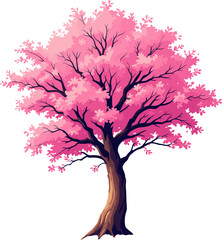 Obraz premium Blooming cherry blossom tree in alpine meadow with mountains, vibrant spring landscape illustration ideal for scenic and travel design