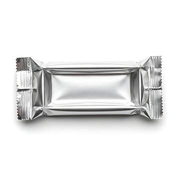 Shiny silver foil wrapper for a single serving snack or candy bar