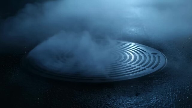 Steam rising from a manhole cover on a wet street at night. Urban atmosphere showcasing city life and infrastructure challenges
