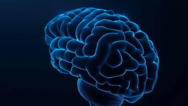 Glowing blue digital brain model rotating against a dark background. Represents advanced technology, neuroscience, and cognitive research