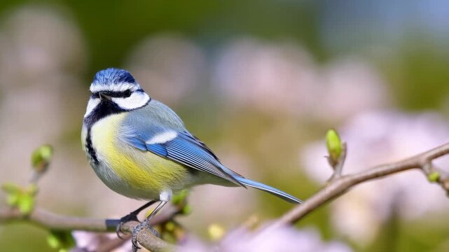Colorful blue tit perched on a branch surrounded by blooming flowers. A symbol of nature's beauty and the arrival of spring