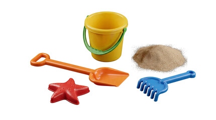 Yellow sand bucket, shovel, rake and starfish mold cutout on transparent background © Samantha